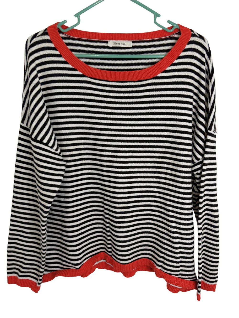 3/$20 Sherosa Black & White Striped Long Sleeve Knit Top Red Trim Size Large